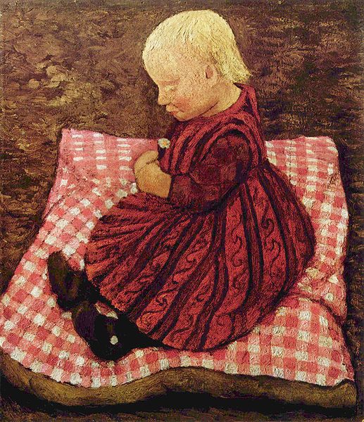 Paula Modersohn-Becker, Bauernkind auf rotgew√ºrfeltem Kissen (Peasant Child on red-checked pillows), c.1904. Sammlung Ludwig Roselius, Bremen. Wiki Commons. 