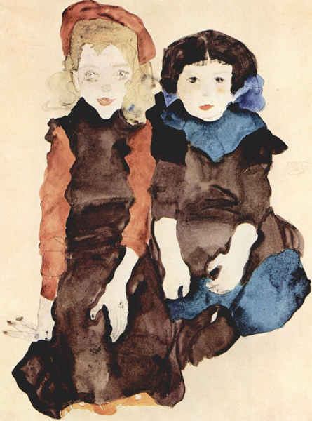Egon Schiele, Zwei Klein Madchen (Two Young Girls), 1911, Graphische Sammlung der Albertina, Wein. Wiki Commons. 