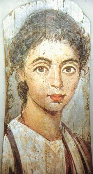 Unknown, Mummy portrait of young girl, c.220 CE, Antikensammlung, Berlin. Wiki Commons. 