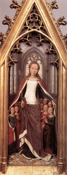 St. Ursula Protecting the Holy Virgins (panel detail from the St. Ursula Shrine), Hans Memling, 1489, Oil on wood, Memling Museum, Bruges, WikiCommons. 