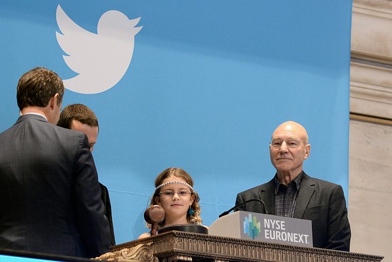 Vivienne Harr, accompanied by Sir Patrick Stewart, rings the bell for Twitter‚Äôs IPO launch last November.