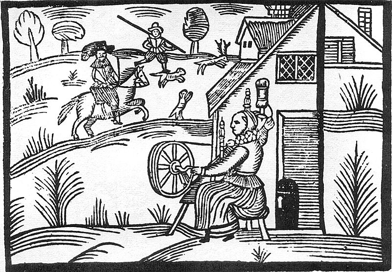 Woodcut of a woman spinning at the time of the English Civil War.