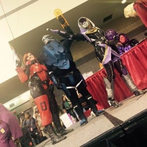 Lexi winning the HeroesCon 2015 costuming contest with her friend and fianc√©, all in Mass Effect cosplays.