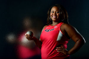 LOS ANGELES, CA - NOVEMBER 19:  Shot putter Michelle Carter poses for a portrait at the USOC Rio Olympics Shoot at Quixote Studios on November 19, 2015 in Los Angeles, California.  (Photo by Harry How/Getty Images)