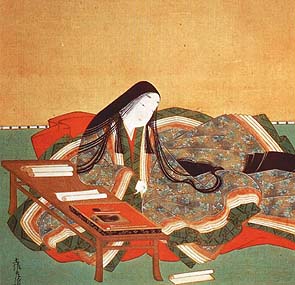 Scene from the Tale of Genji, featuring a woman at a table.