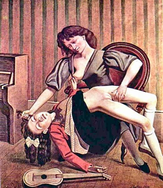 An older woman on a chair, breast exposed, holds a young girl in her lap. The young girl's skirt is up around her waist as the woman pulls her hair and fondles her between her thighs. A guitar lies on the floor in front of them.