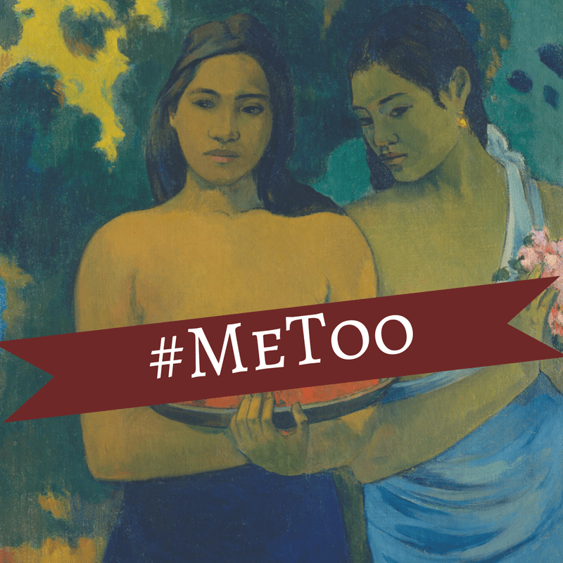 Two Tahitian women stand next to each other, one holding fruit with her breasts exposed on top of the fruit. The other holds flowers and only one of her breasts is exposed. The banner with #MeToo is across their breasts.