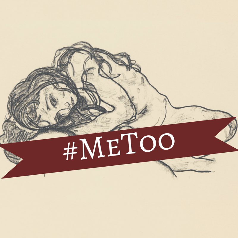 A young girl, naked, is curled up on the floor. A banner with #MeToo is across her naked parts.
