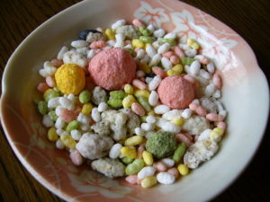 Rice cereal in different colors.