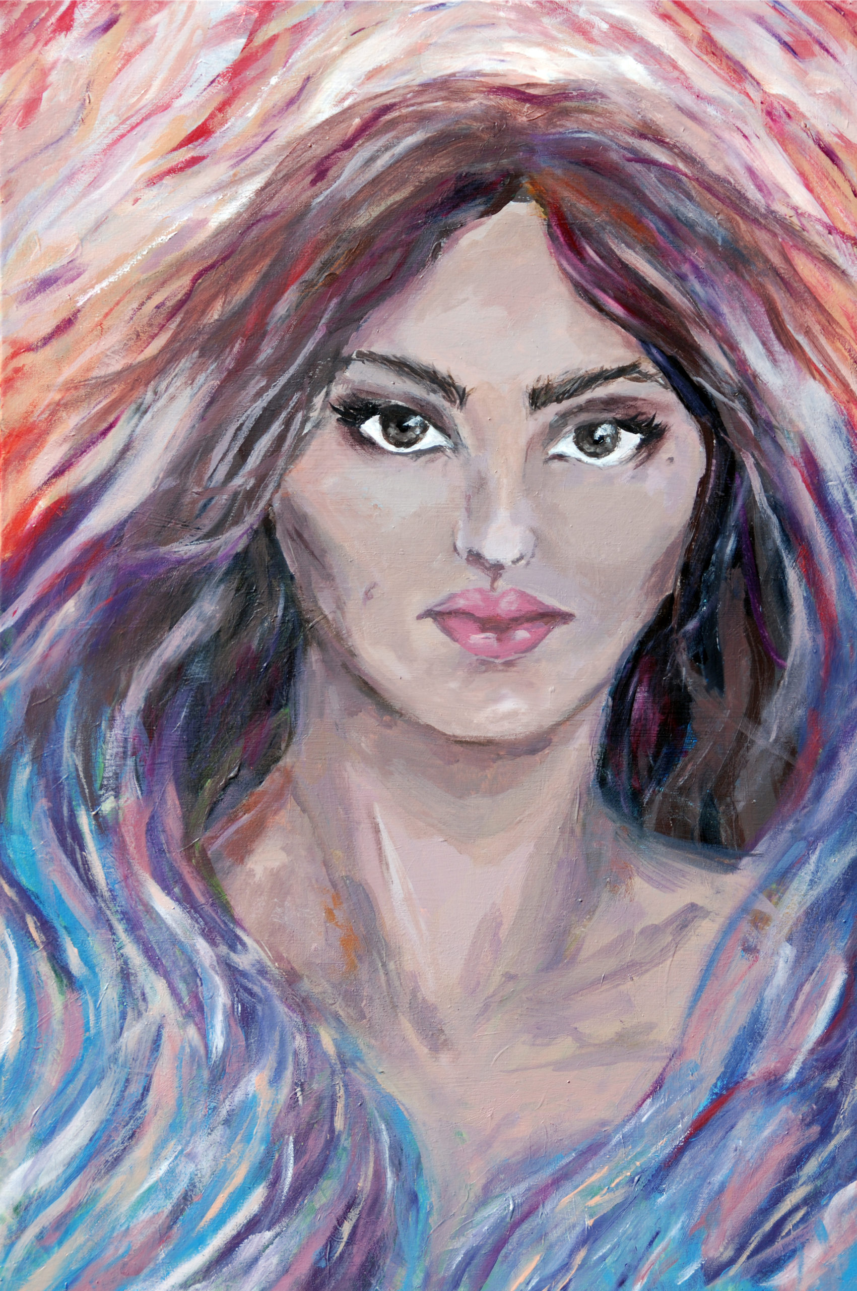 portrait of a woman's face, surrounded by wave-like colors of reds on top and blues/purples on bottom