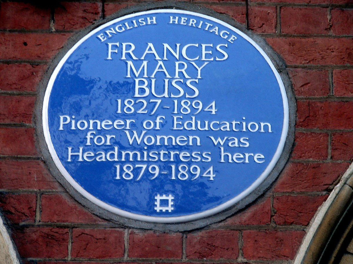 Historic marker from English Heritage detailing Frances Mary Buss, 1827-1894, Pioneer of Education for Women was Headmistress here 1879-1894