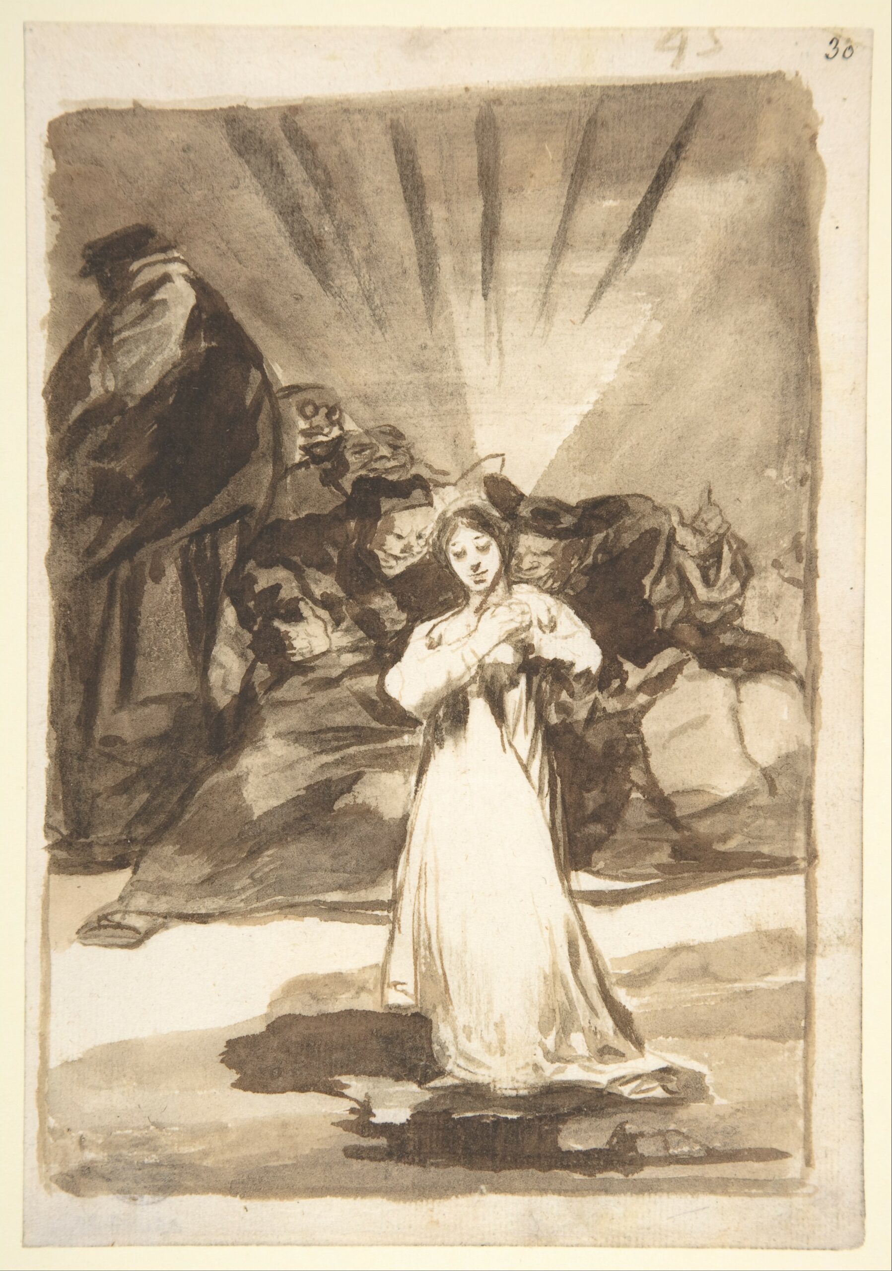 In the print the radiant woman is on the ground, whereas in this drawing she stands with her hands over her heart and is beset by a group of men in dark clothing, including a priest identifiable by his hat.