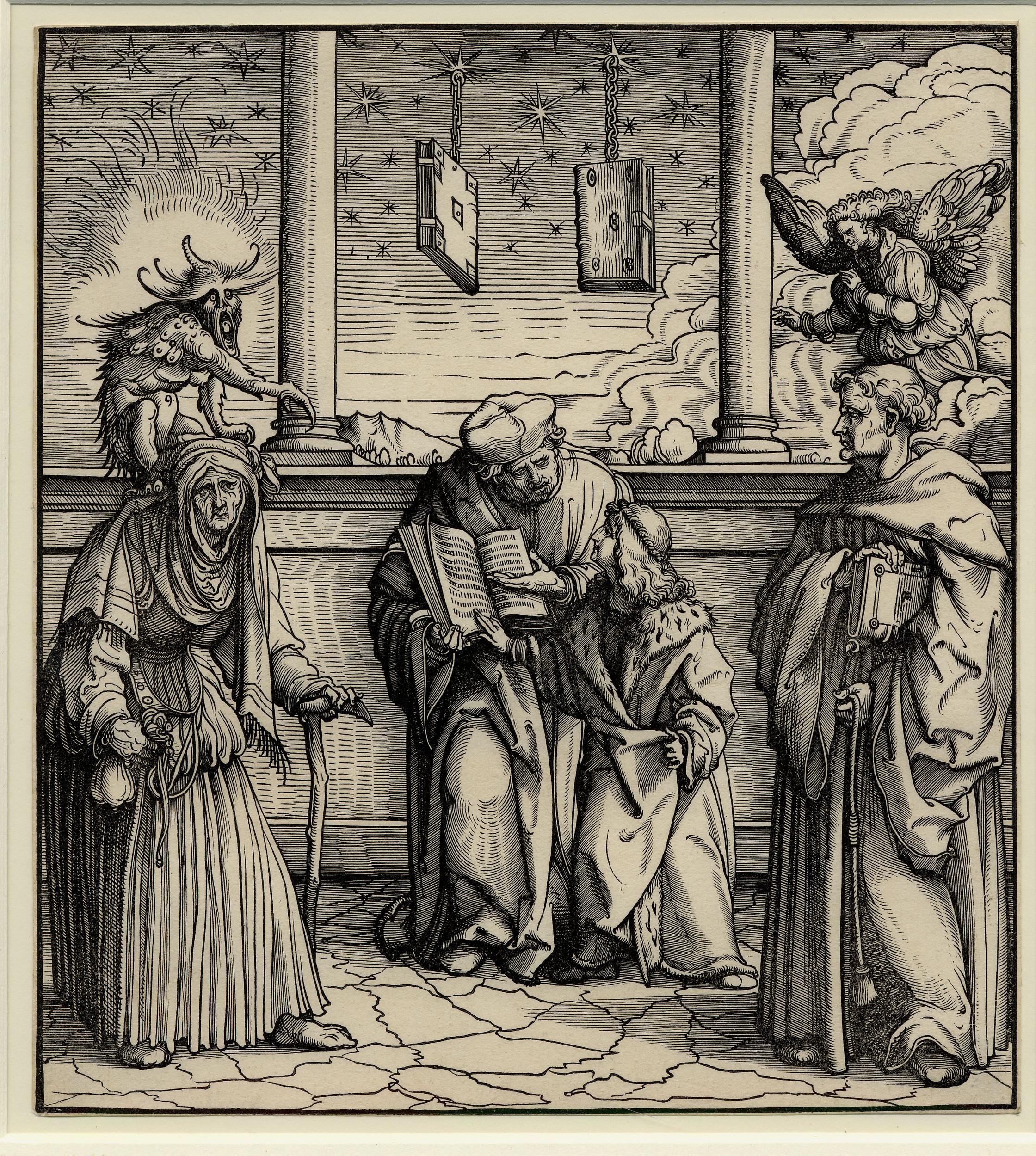 Maximilian and his tutor standing at centre, to left an old witch with a devil, on right a monk with an angel. Above two books containing the secrets of astrology suspended from two stars.