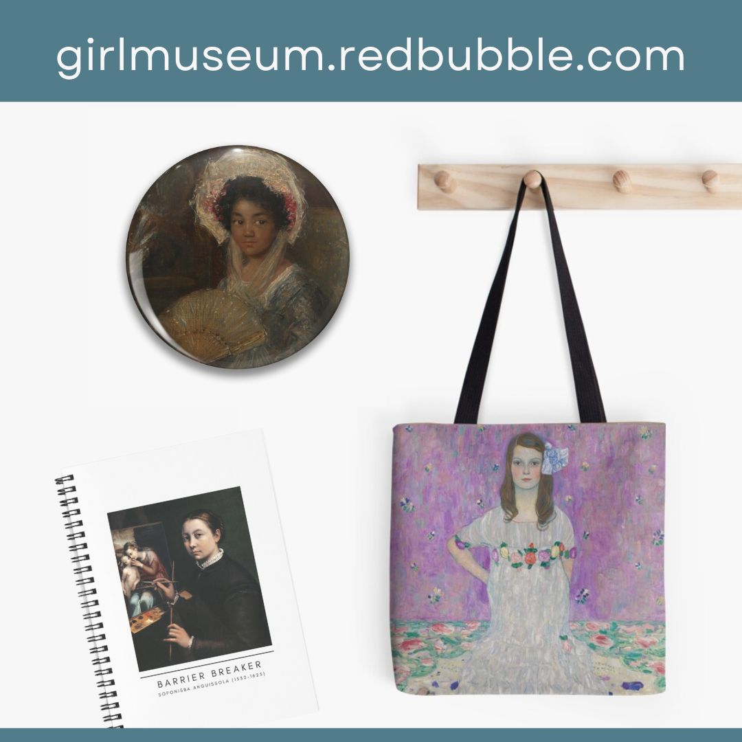 Square image with text of url at top and three products - a pin featuring a black girl, a tote bag, and a notebook with a painting.