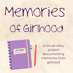 Button with text "Memories of Girlhood" and a purple diary next to an orange pen.