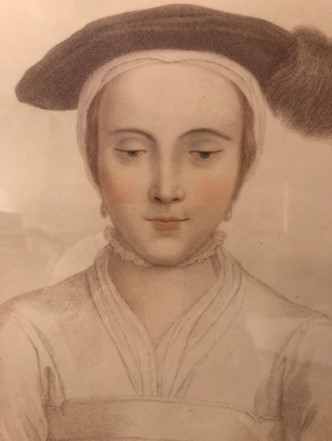 Portrait of a young woman as a sketch. She is depicted ina  white gown with ruffled neck, wearing a cap with a feather and white scarf attached to hide most of her hair. She wears pearl earrings, with red rouge and lipstick. Her eyes are downcast.