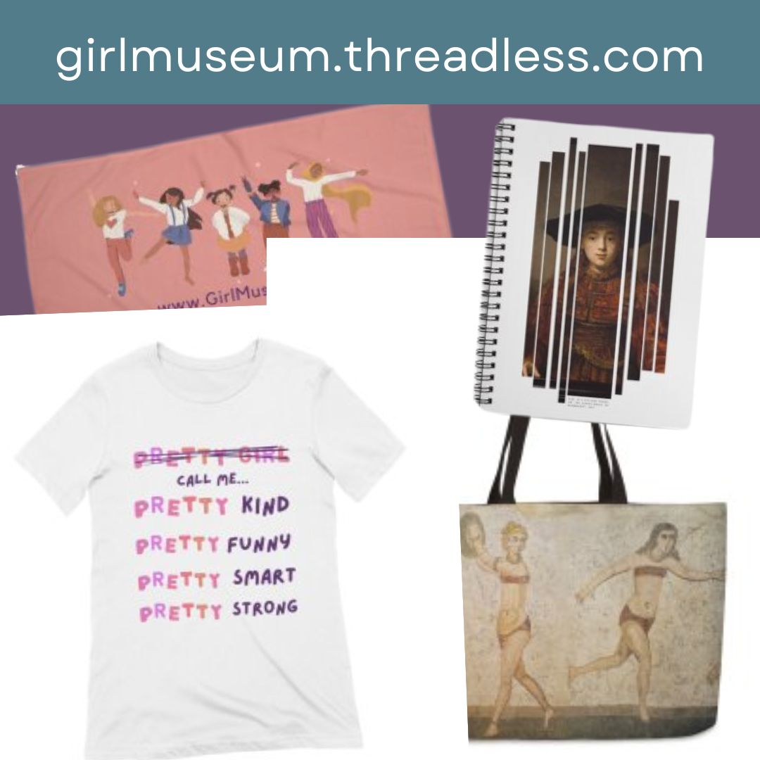 Square image with text of url at top and three products - a pin featuring a black girl, a tote bag, and a notebook with a painting.