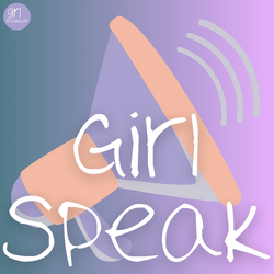 GirlSpeak text with image depicting a microphone faded into a pink and yellow gradient.